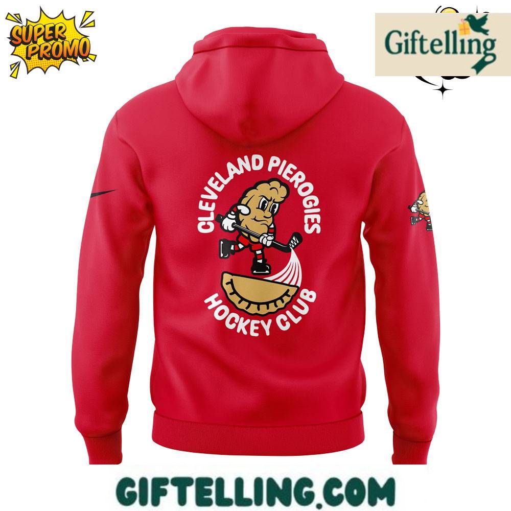 Embrace Cleveland's unique cultural identity with the Cleveland Monsters Cleveland Red Hoodie Pierogies Uniform