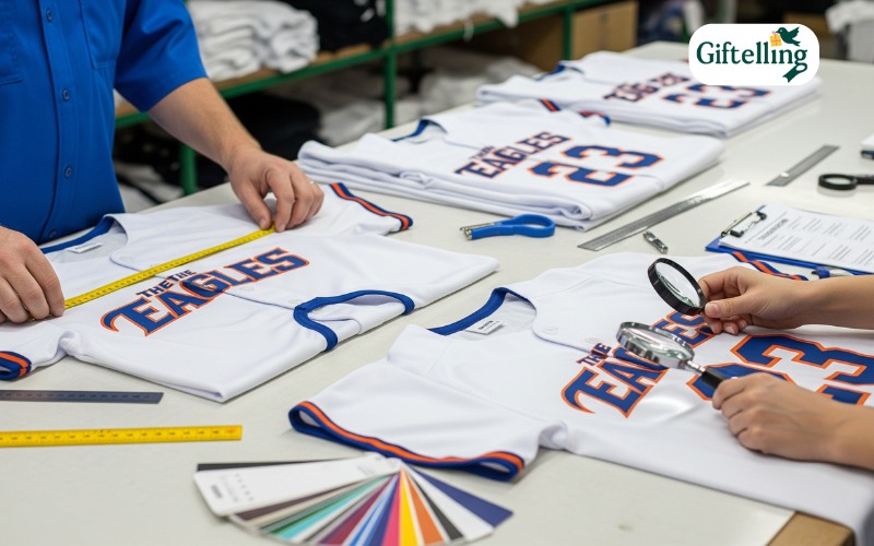 Quality control inspection of custom baseball jerseys showing measurement verification and print quality assessment