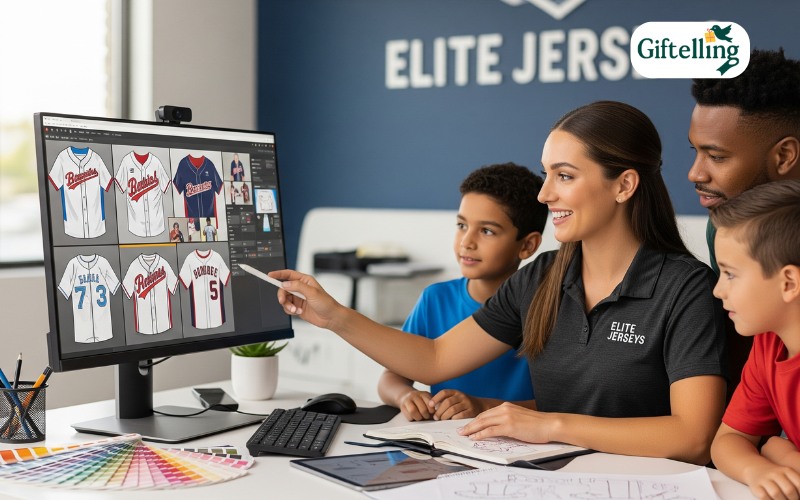 Customer service representative helping clients with custom baseball jersey design consultation and support