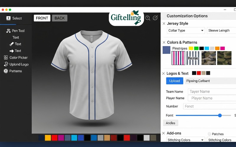 Screenshot of professional custom baseball jersey design software interface showing tools and customization options