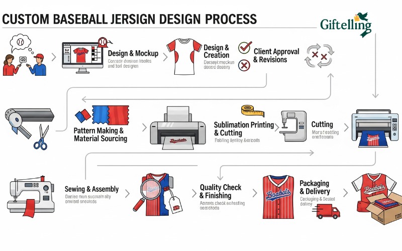 Step-by-step workflow diagram showing custom baseball jersey design process from concept to delivery