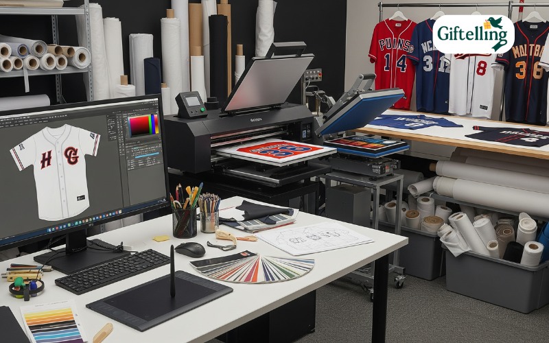 Professional custom baseball jersey maker workspace showing design tools, printing equipment, and finished jersey samples