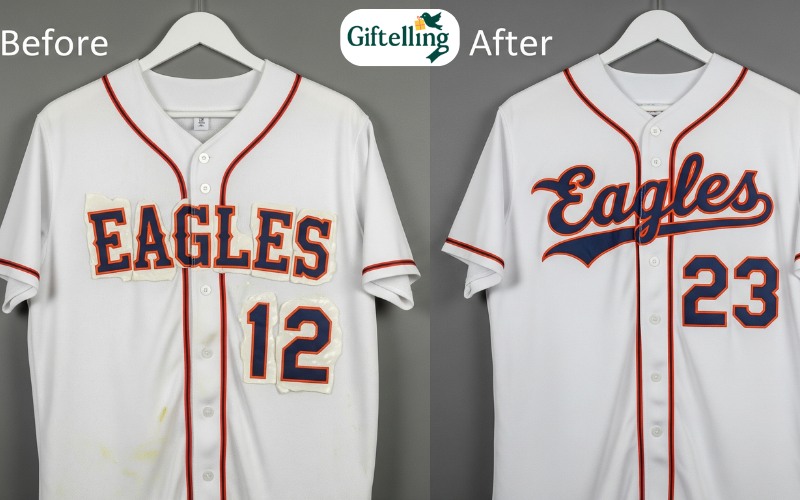 Before and after comparison showing amateur versus professional custom baseball jersey quality and craftsmanship
