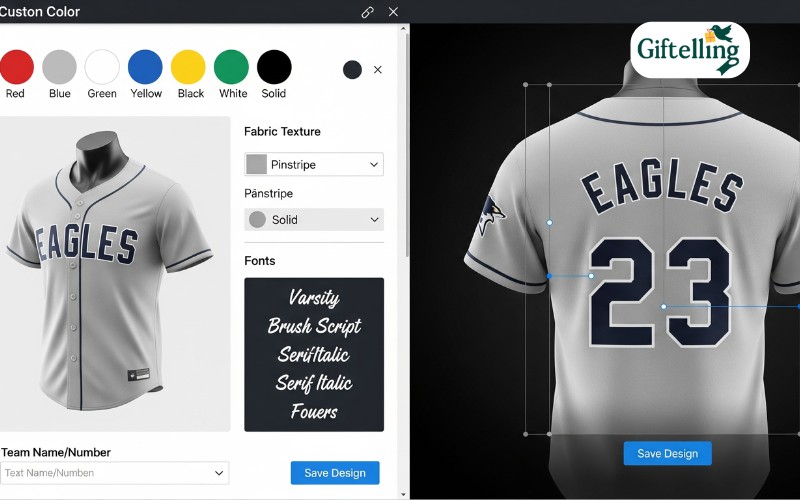Design software interface showing custom jerseys baseball color and font options with preview capabilities
