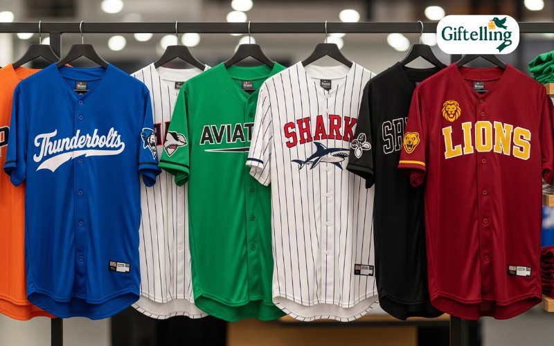 Collection of custom baseball jerseys showing various colors, fonts, and personalization options with team logos
