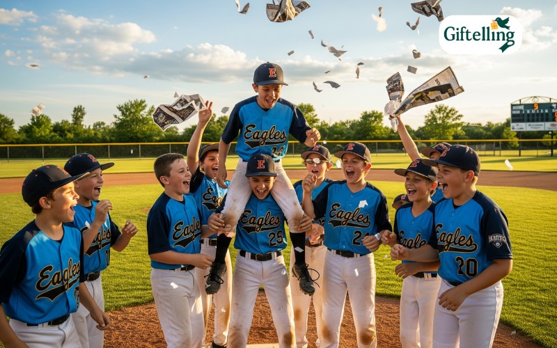 Youth baseball team wearing matching custom jerseys celebrating together on field after victory