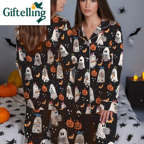 Disney Ghost Reading Book Satin Pajamas Set 2 Disney Halloween Pajamas Set Ghost Mickey Pumpkin Sleepwear for Girls