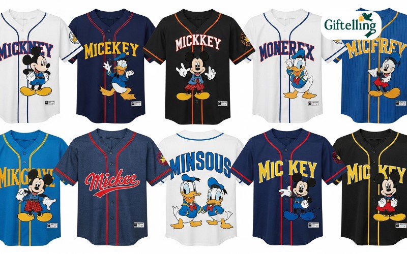 Collection of Disney baseball jerseys featuring Mickey Mouse, Donald Duck, and other classic characters in colorful designs