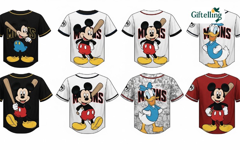 Mickey Mouse and Donald Duck baseball jersey designs showing character integration with traditional baseball elements