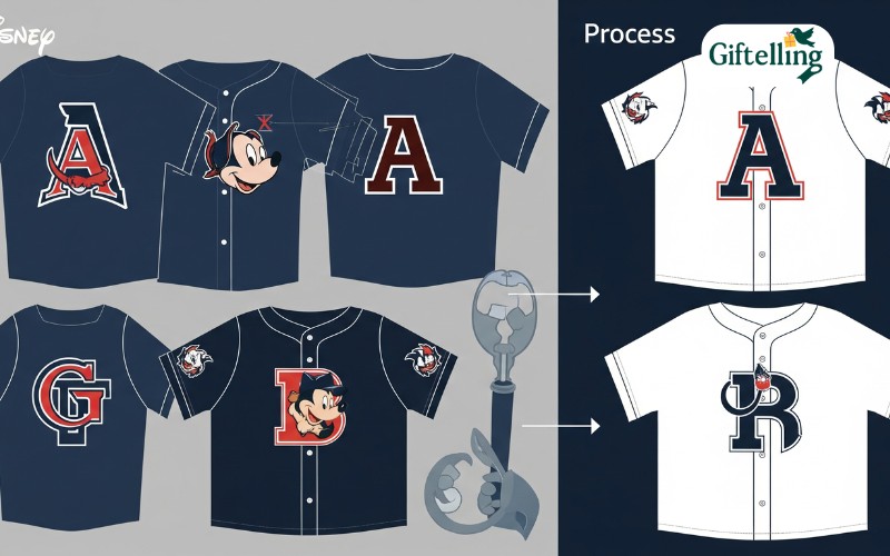 Design process showing Disney character logos being integrated into baseball jersey templates with color coordination