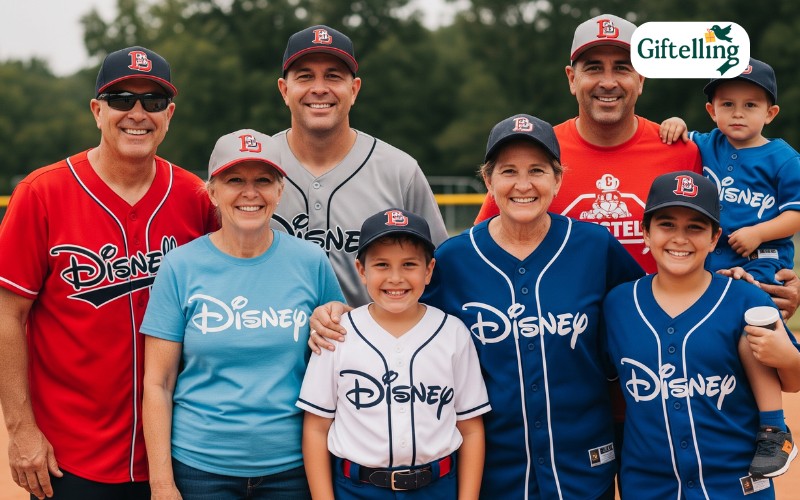Multi-generational family team wearing Disney baseball jerseys at community baseball game with smiling faces