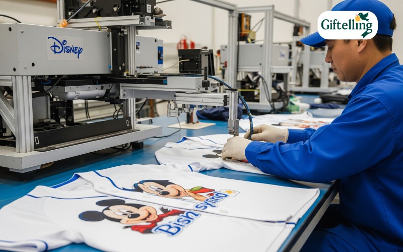 Manufacturing process showing Disney character graphics being applied to baseball jerseys using professional sublimation equipment