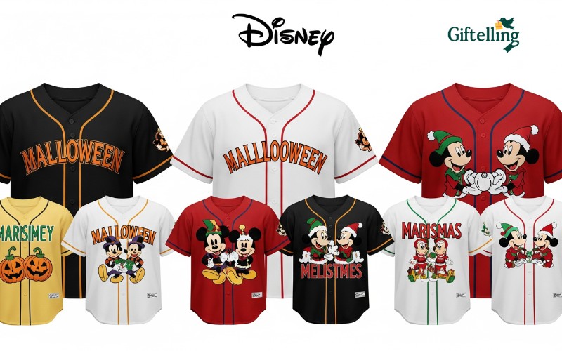 Seasonal Disney baseball jersey collection showing Halloween Mickey and Christmas-themed character designs