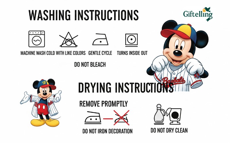 Jersey care instructions infographic showing proper washing and drying methods for Disney character baseball jerseys