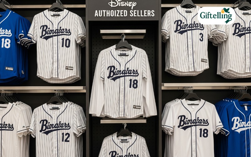Retail display showing various Disney baseball jersey options available from authorized sellers and custom providers