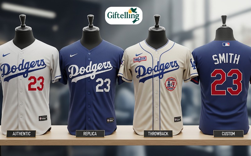 Different types of Dodgers jerseys displayed showing authentic, replica, throwback, and custom options