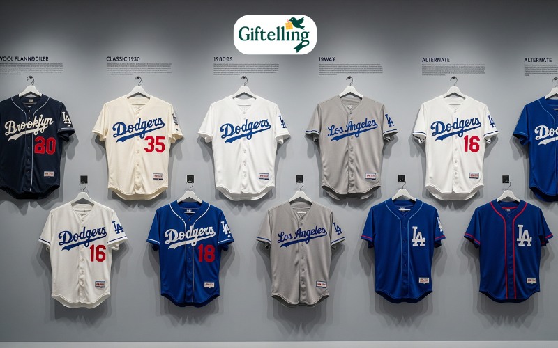 Collection of Los Angeles Dodgers baseball jerseys showing different eras including vintage and modern designs