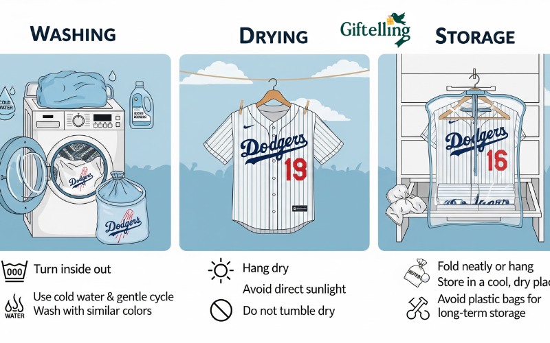 Dodgers jersey care instructions showing proper washing, drying, and storage methods