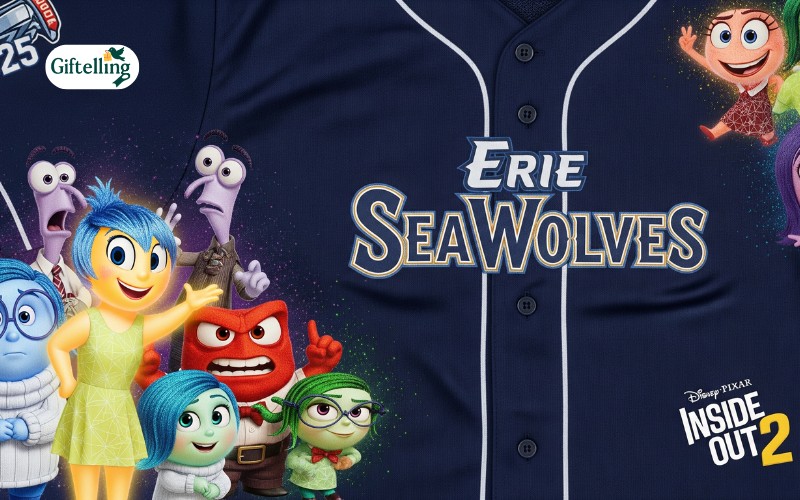 Erie SeaWolves Inside Out 2 2025 baseball jersey featuring colorful emotion characters on navy blue uniform with team logo