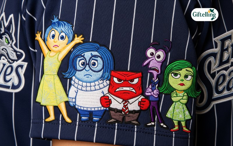 Close-up detail of Inside Out 2 emotion characters embroidered on Erie SeaWolves jersey sleeve showing Joy Sadness Anger Fear Disgust