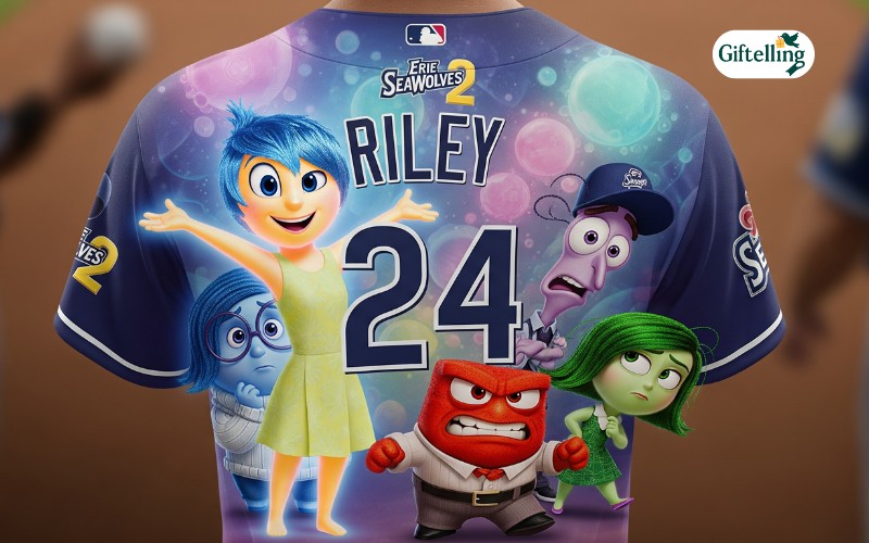 Back view of Erie SeaWolves Inside Out 2 jersey showing all five emotion characters in dynamic scene with player name and number