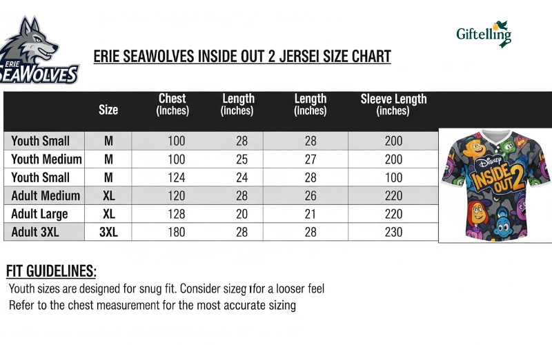 Size chart comparison showing Erie SeaWolves Inside Out 2 jersey measurements from youth small to adult 3XL with fit guidelines