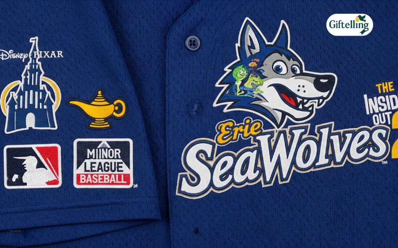 Official Disney Pixar and Minor League Baseball licensing tags attached to Erie SeaWolves Inside Out 2 jersey showing authenticity verification