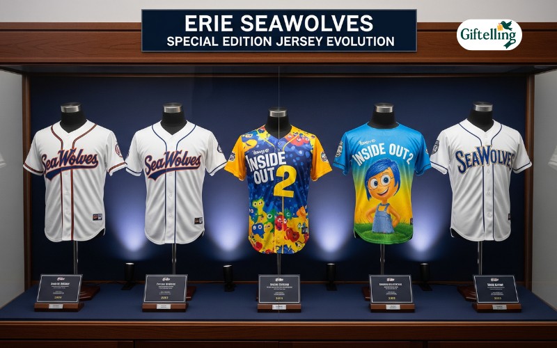 Comparison display showing Erie SeaWolves Inside Out 2 jersey alongside previous special edition team jerseys highlighting design evolution