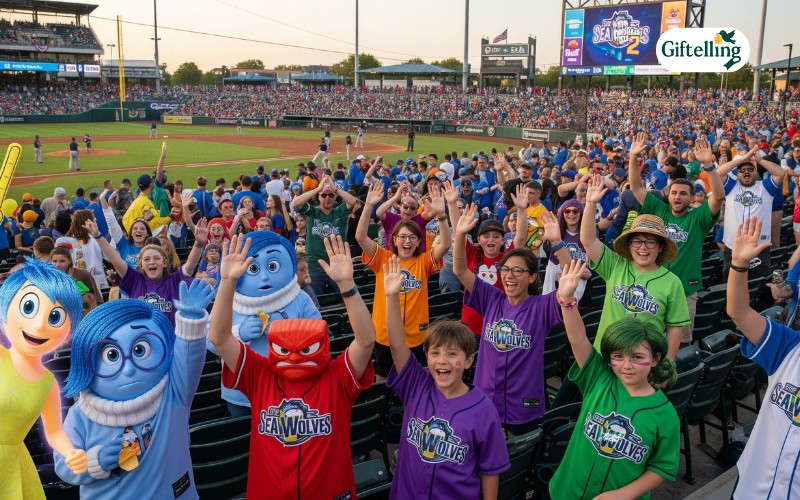 Erie SeaWolves fans wearing Inside Out 2 jerseys at baseball stadium showing community enthusiasm and team spirit