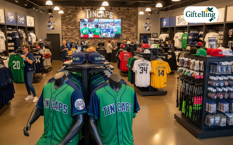 Comprehensive Fort Wayne TinCaps memorabilia collection featuring jerseys, caps, baseball cards and other collectible items arranged for display