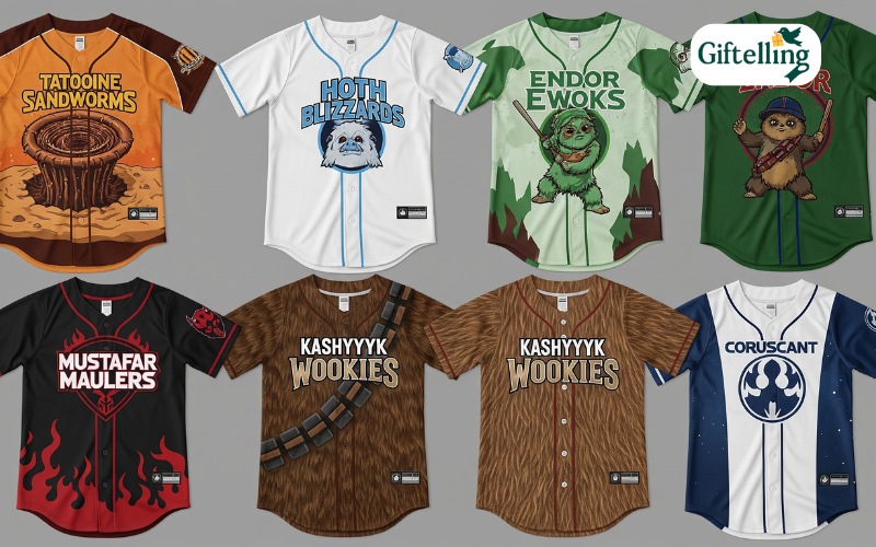 Collection of various minor league baseball Star Wars themed jerseys showing different team