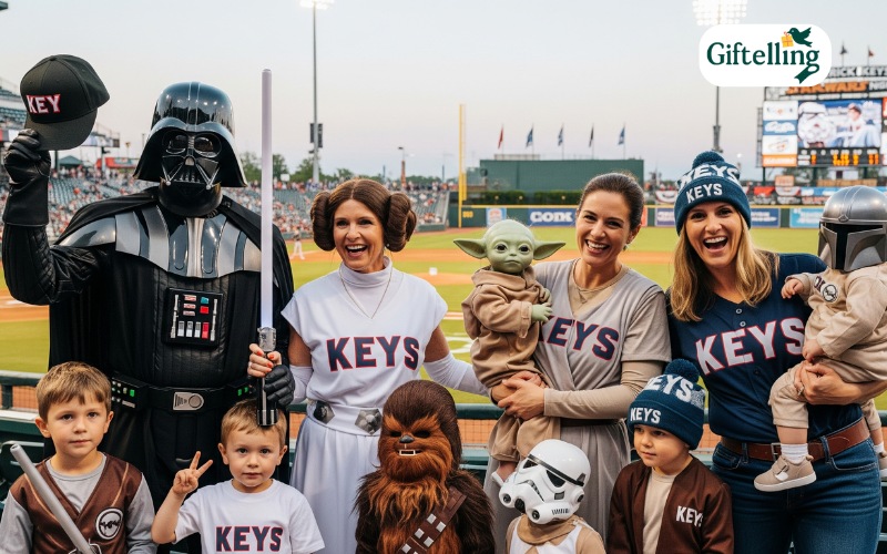 Family at Frederick Keys Star Wars Night wearing Star Wars costumes and Frederick Keys gear showing multi-generational appeal of themed baseball events