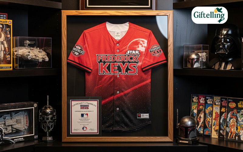 Frederick Keys Star Wars 2025 jersey displayed in collector frame with authentication certificate and Star Wars memorabilia collection