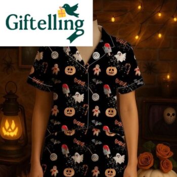 Indulge in the luxurious side of spooky season with the Ghost Halloween Satin Pajama Set