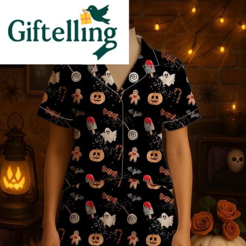 Indulge in the luxurious side of spooky season with the Ghost Halloween Satin Pajama Set