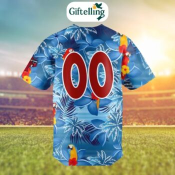The Margaritaville Night Personalized Baseball Jersey design fuses minor league mischief with coastal flair: