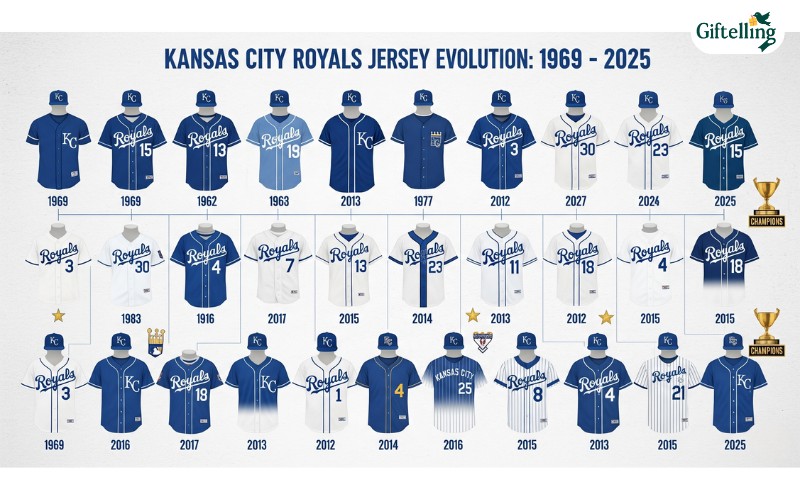 Historical timeline showing Kansas City Royals jersey evolution from 1969 debut through 2025 including championship years and design changes