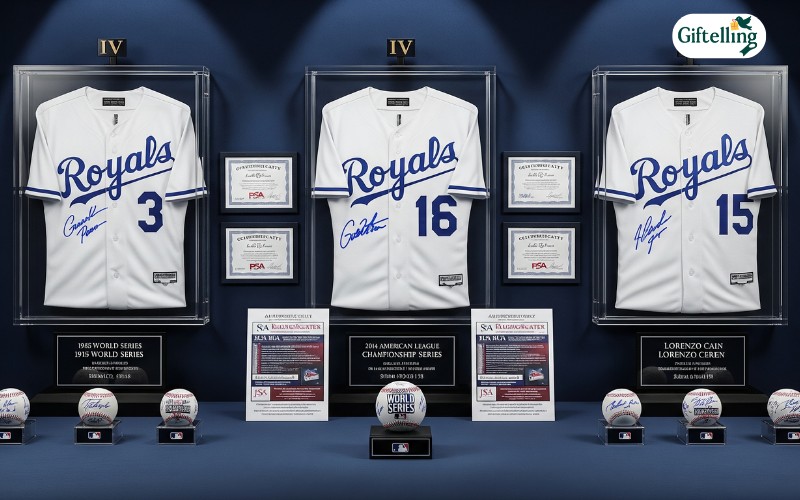 Collectible Kansas City Royals jersey display showing championship editions autographed items and authentication certificates for investment value