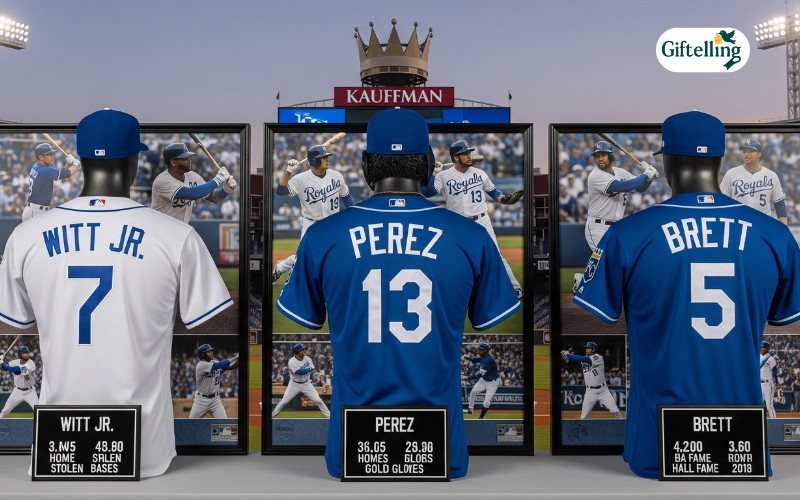 Kauffman Stadium team store interior showing Kansas City Royals jersey displays and official merchandise selection with shopping customers