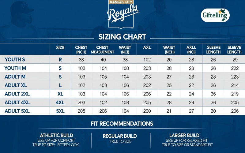 Kansas City Royals jersey sizing chart showing measurements from youth small to adult 5XL with fit recommendations for different body types