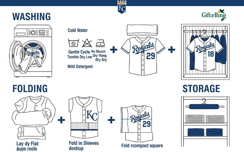 Jersey care instruction diagram showing proper washing folding and storage methods for Kansas City Royals baseball uniforms