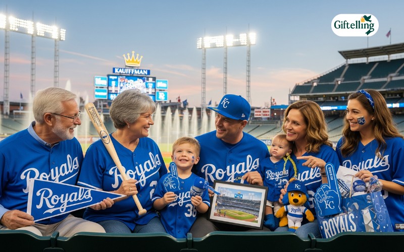 Kansas City Royals family wearing matching jerseys at Kauffman Stadium showing gift ideas and generational fan traditions