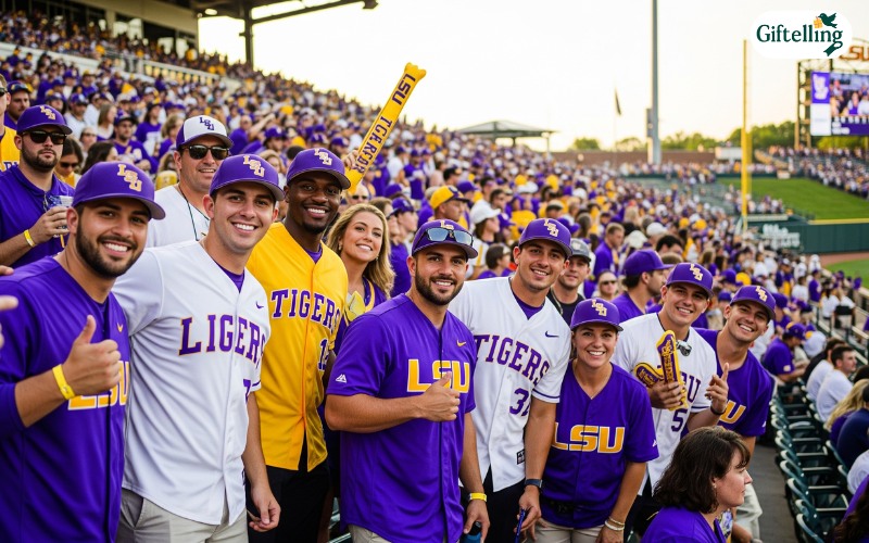 Diverse group of LSU baseball fans wearing various styles of purple and gold Tigers jerseys
