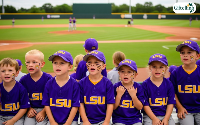 Young LSU fans wearing miniature purple and gold baseball jerseys at youth baseball game