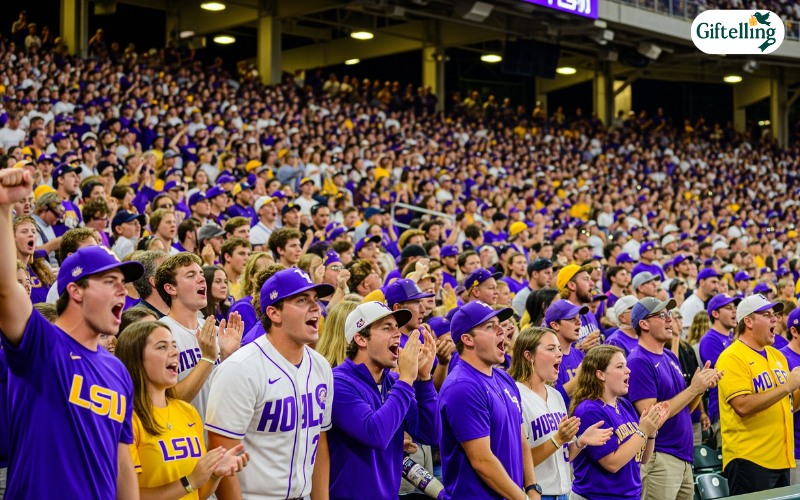 Alex Box Stadium filled with LSU fans wearing purple and gold baseball jerseys creating a sea of team colors