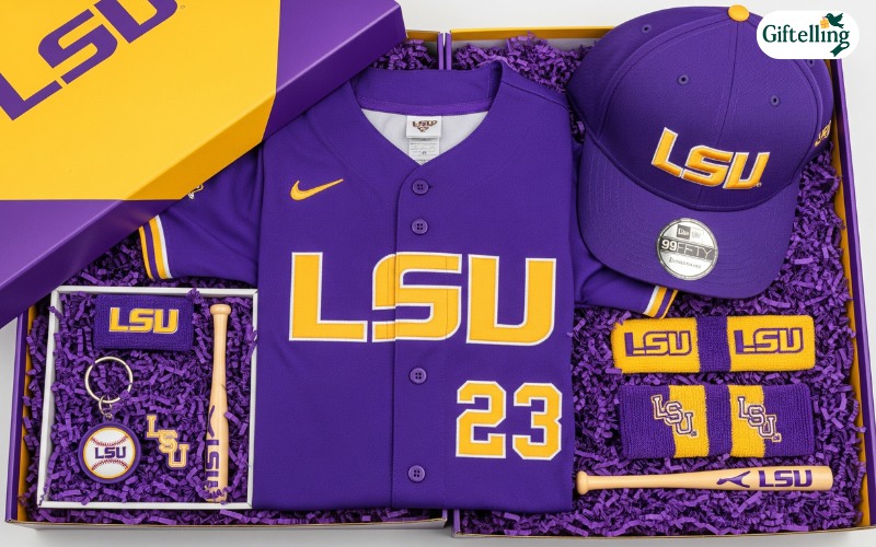 LSU baseball jersey gift set with matching cap and accessories in purple and gold team colors