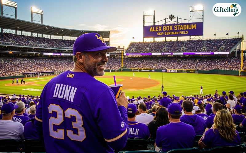 LSU baseball fan wearing authentic purple jersey at Alex Box Stadium Skip Bertman Field