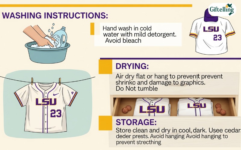LSU baseball jersey care instructions showing proper washing and storage methods