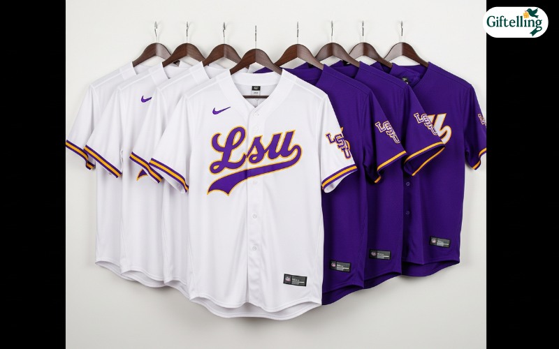Collection of LSU baseball jerseys showing home white and away purple versions with script LSU lettering