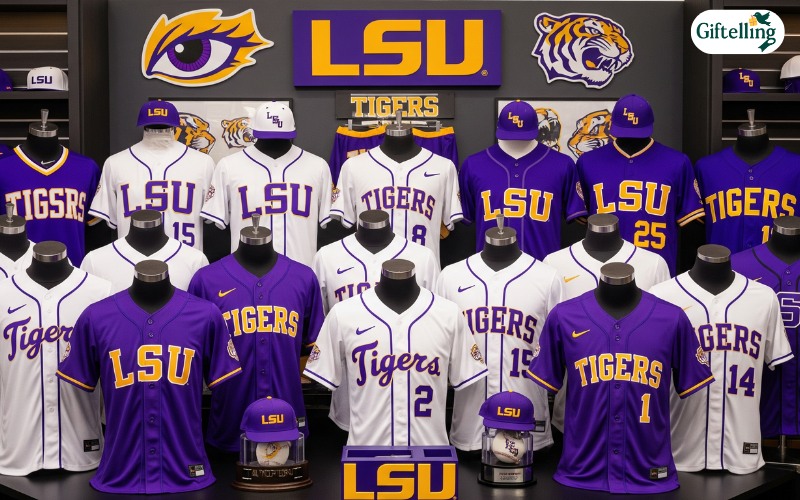 LSU Tigers baseball jersey display showing purple and gold team colors with LSU logo
